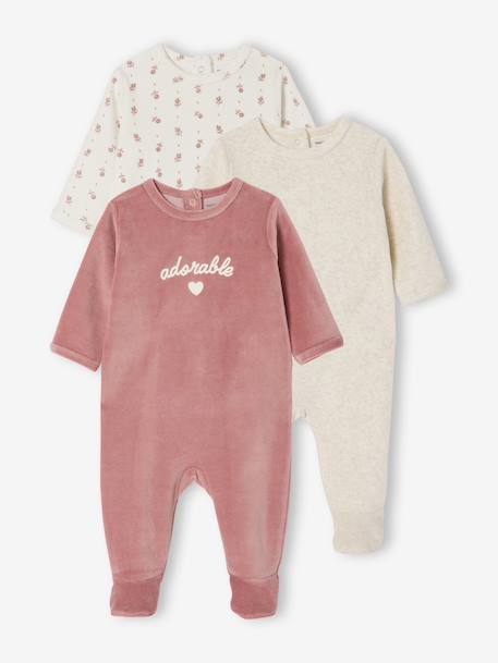 Set van 3 fluwelen babyslaappakjes BASICS cappuccino+rozen - vertbaudet enfant 