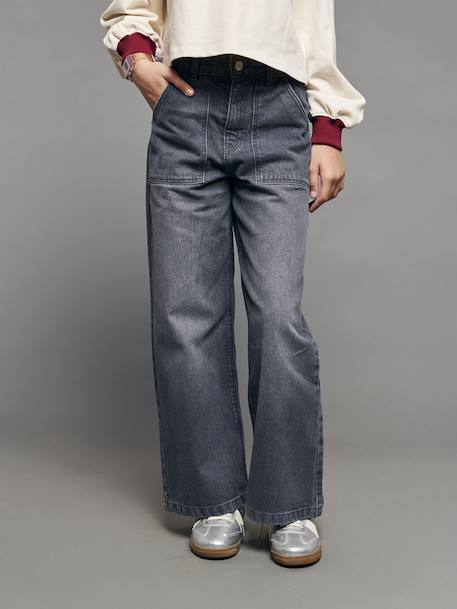 Wijde jeans met timmermanszakken voor meisjes JONEN denimgrijs+donkerblauw+middenblauw - vertbaudet enfant 