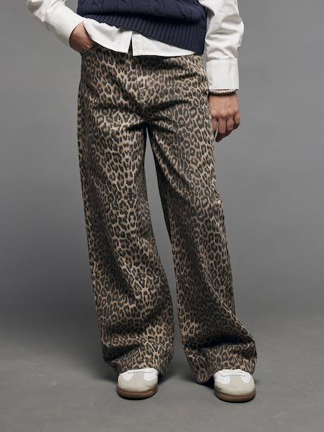 Wijde meisjessweater met luipaardprint JONEN beige - vertbaudet enfant 