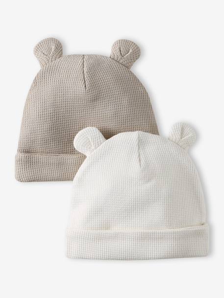 Set van 2 muts geboorte met berenoren bleekblauw+ecru+roze (poederkleur) - vertbaudet enfant 