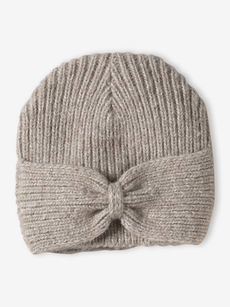Geribde meisjesmuts met strik gemêleerd beige+kaneel+oudroze - vertbaudet enfant 
