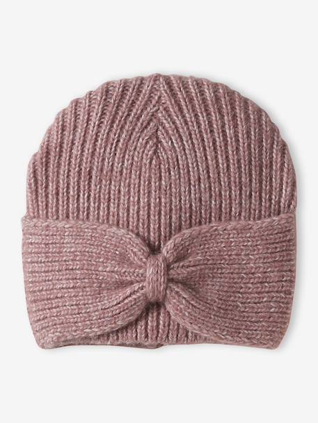 Geribde meisjesmuts met strik gemêleerd beige+kaneel+oudroze - vertbaudet enfant 
