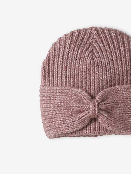 Geribde meisjesmuts met strik gemêleerd beige+kaneel+oudroze - vertbaudet enfant 