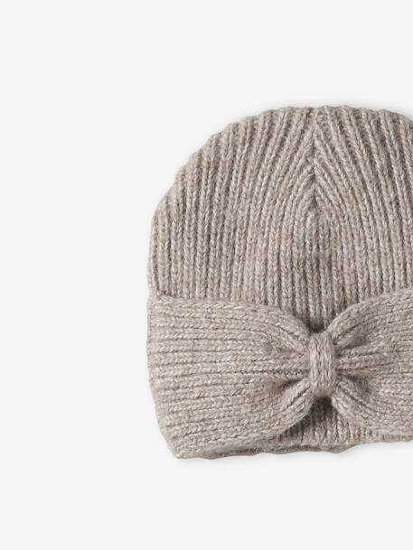 Geribde meisjesmuts met strik gemêleerd beige+kaneel+oudroze - vertbaudet enfant 