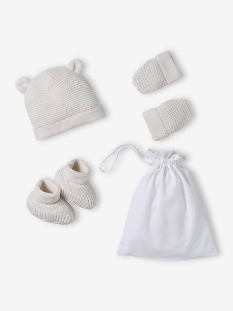 Babyset muts, wanten en sloffen van biologisch katoen en zijn aanpasbare pochon ecru+gemêleerd beige+rozen - vertbaudet enfant 