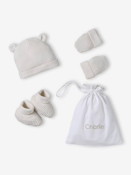 Babyset muts, wanten en sloffen van biologisch katoen en zijn aanpasbare pochon ecru+gemêleerd beige+rozen - vertbaudet enfant 