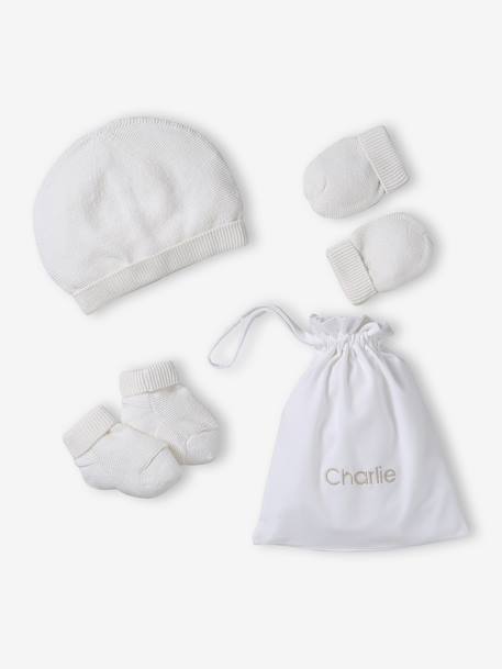 Babypakje muts, wanten en sloffen en zijn personaliseerbare zak. gemêleerd beige+wit - vertbaudet enfant 