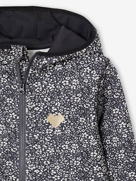 Sport sweatshirt met rits en bloemenprint in technisch materiaal antraciet+ecru+groen, bedrukt+oudroze - vertbaudet enfant 