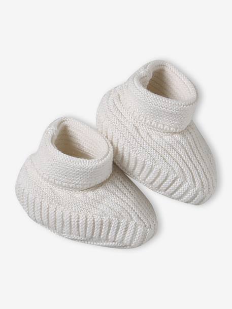 Babyset muts, wanten en sloffen van biologisch katoen en zijn aanpasbare pochon ecru+gemêleerd beige+rozen - vertbaudet enfant 
