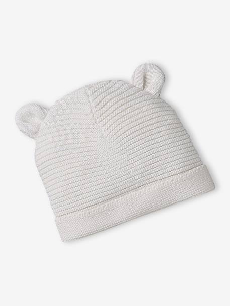 Babyset muts, wanten en sloffen van biologisch katoen en zijn aanpasbare pochon ecru+gemêleerd beige+rozen - vertbaudet enfant 