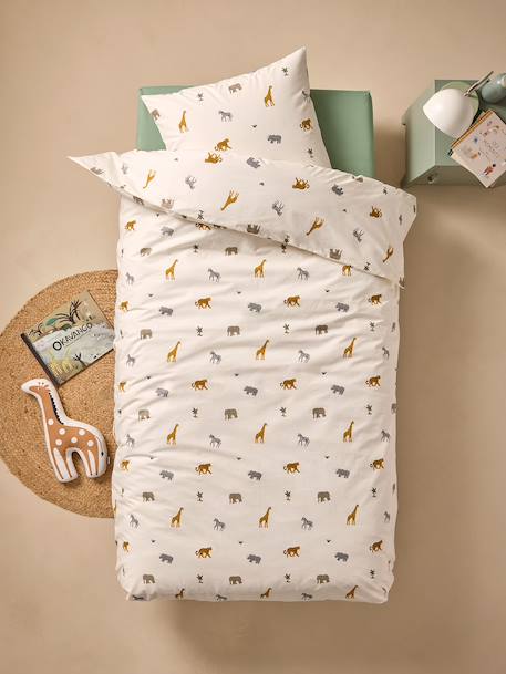 Bedset dekbedovertrek + kussensloop essentials voor kinderen WILD ANIMALS, met gerecycled katoen wit, bedrukt - vertbaudet enfant 