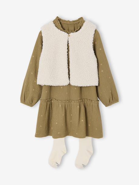 3-delige set met jurk + vestje sherpa + panty voor meisjes olijf - vertbaudet enfant 