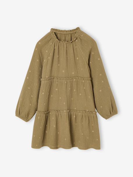 3-delige set met jurk + vestje sherpa + panty voor meisjes olijf - vertbaudet enfant 
