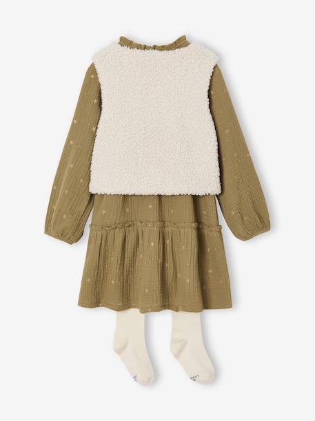 3-delige set met jurk + vestje sherpa + panty voor meisjes olijf - vertbaudet enfant 