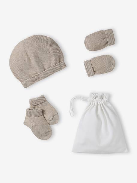 Babypakje muts, wanten en sloffen en zijn personaliseerbare zak. gemêleerd beige+wit - vertbaudet enfant 