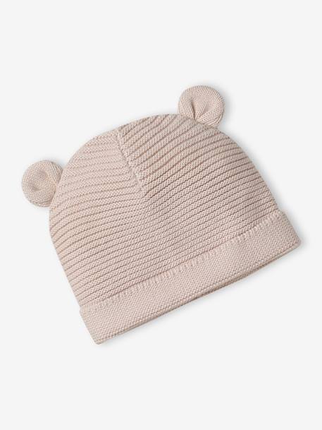 Babyset muts, wanten en sloffen van biologisch katoen en zijn aanpasbare pochon ecru+gemêleerd beige+rozen - vertbaudet enfant 