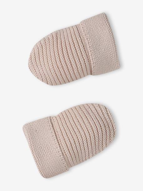 Babyset muts, wanten en sloffen van biologisch katoen en zijn aanpasbare pochon ecru+gemêleerd beige+rozen - vertbaudet enfant 