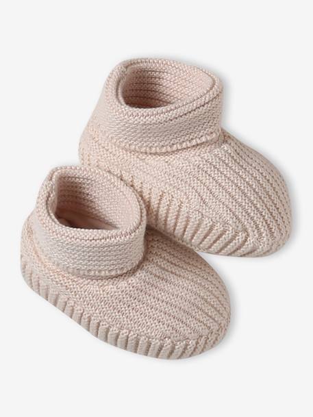 Babyset muts, wanten en sloffen van biologisch katoen en zijn aanpasbare pochon ecru+gemêleerd beige+rozen - vertbaudet enfant 
