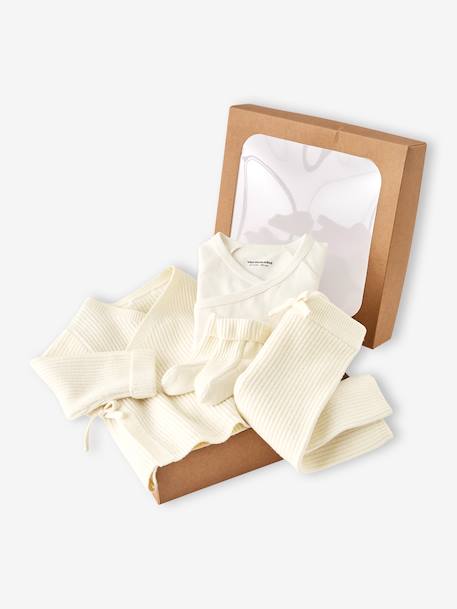 Babypakje 4-delige set in effen tricot vestje + broek + sloffen + body ecru - vertbaudet enfant 