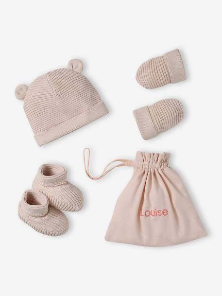 Babyset muts, wanten en sloffen van biologisch katoen en zijn aanpasbare pochon ecru+gemêleerd beige+rozen - vertbaudet enfant 