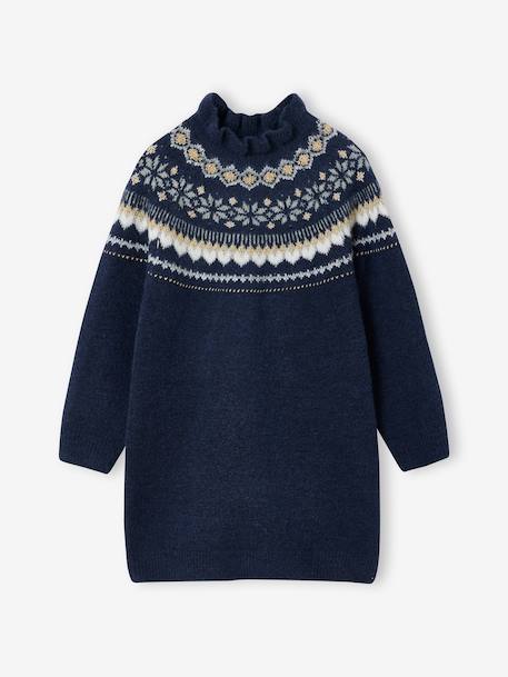 Jacquard jurk in tricot voor meisjes ecru+marineblauw - vertbaudet enfant 