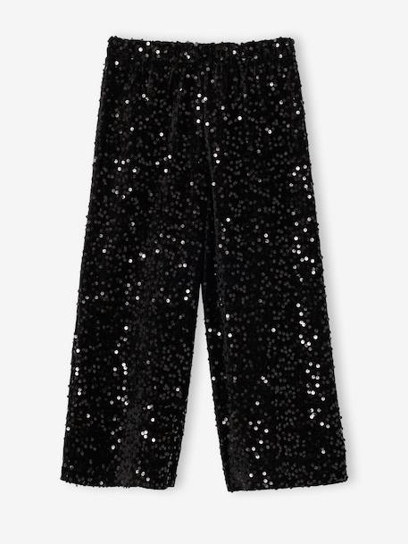 Wijde broek voor meisjes met pailletten zwart - vertbaudet enfant 