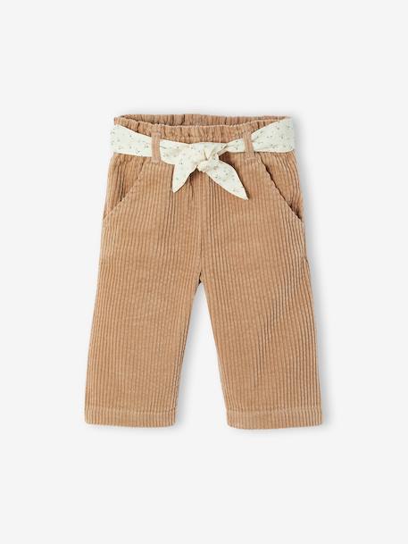 Wijde fluwelen broek met gebloede riem voor baby's beige+oudroze - vertbaudet enfant 