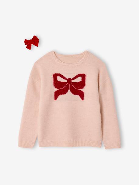Kerstcadeauverpakking 'Renne' jacquard trui + 2 scrunchies voor meisjes ecru+lichtroze - vertbaudet enfant 