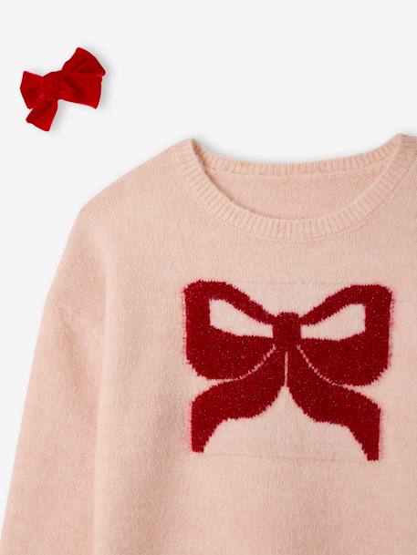 Kerstcadeauverpakking 'Renne' jacquard trui + 2 scrunchies voor meisjes ecru+lichtroze - vertbaudet enfant 