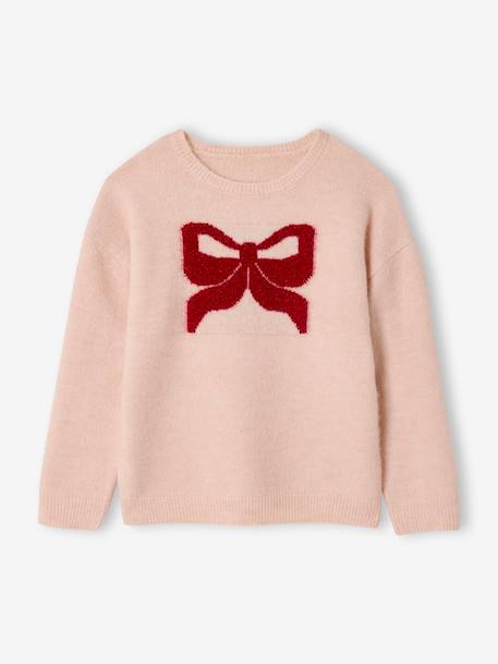 Kerstcadeauverpakking 'Renne' jacquard trui + 2 scrunchies voor meisjes ecru+lichtroze - vertbaudet enfant 