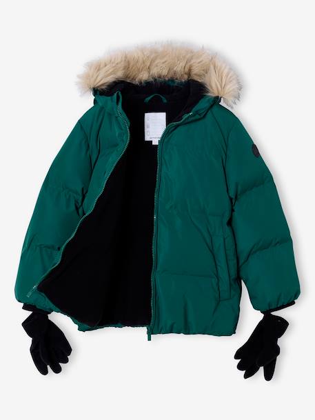 Donsjack met capuchon, fleecevoering en wanten of handschoenen amber+dennen - vertbaudet enfant 