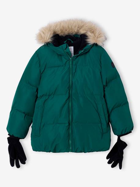Donsjack met capuchon, fleecevoering en wanten of handschoenen amber+dennen - vertbaudet enfant 