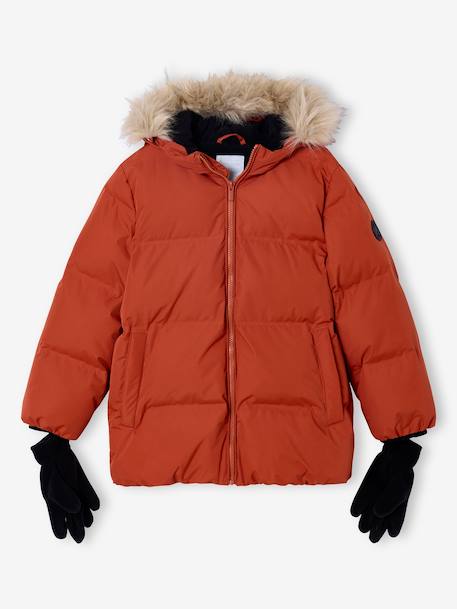 Donsjack met capuchon, fleecevoering en wanten of handschoenen amber+dennen - vertbaudet enfant 
