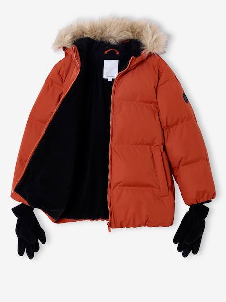 Donsjack met capuchon, fleecevoering en wanten of handschoenen amber+dennen - vertbaudet enfant 