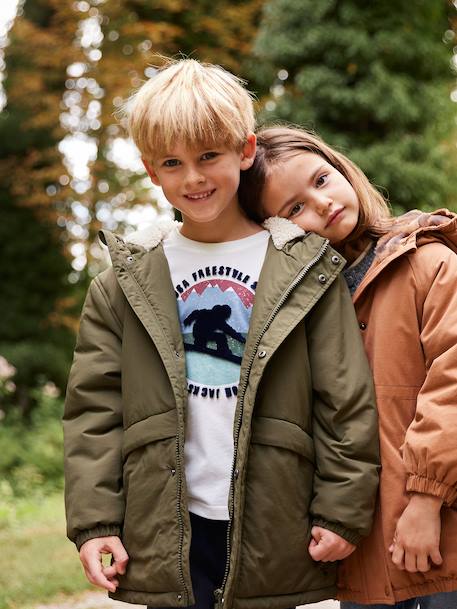 Parka met capuchon en sherpavoering voor jongens kaki+zwart - vertbaudet enfant 