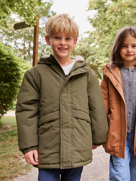 Parka met capuchon en sherpavoering voor jongens kaki+zwart - vertbaudet enfant 
