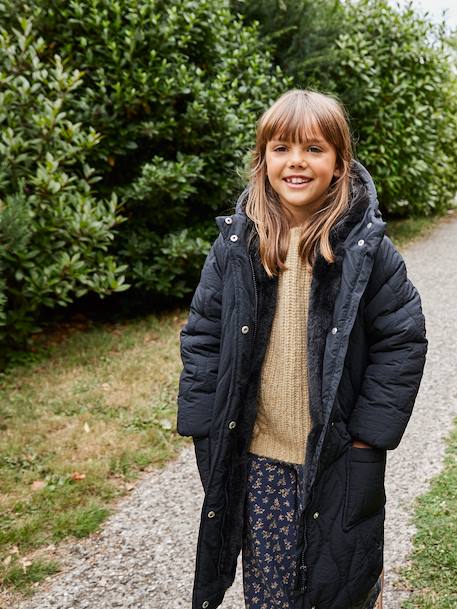 Lange donsjack met capuchon voor meisjes, gevoerd met imitatiebont kaki+zwart - vertbaudet enfant 