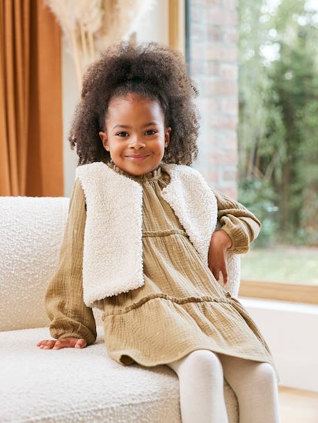 3-delige set met jurk + vestje sherpa + panty voor meisjes olijf - vertbaudet enfant 