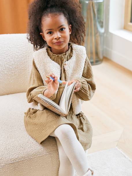 3-delige set met jurk + vestje sherpa + panty voor meisjes olijf - vertbaudet enfant 