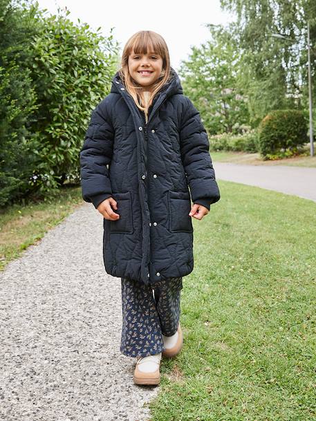 Lange donsjack met capuchon voor meisjes, gevoerd met imitatiebont kaki+zwart - vertbaudet enfant 