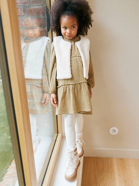 3-delige set met jurk + vestje sherpa + panty voor meisjes olijf - vertbaudet enfant 