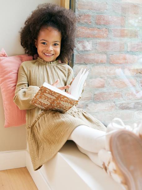 3-delige set met jurk + vestje sherpa + panty voor meisjes olijf - vertbaudet enfant 