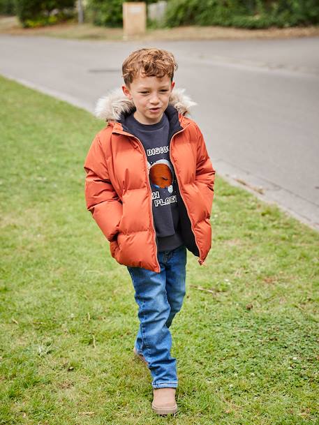 Donsjack met capuchon, fleecevoering en wanten of handschoenen amber+dennen - vertbaudet enfant 