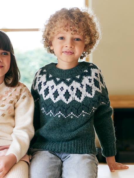 Jacquardtrui met ronde kraag jongens groen+leiblauw - vertbaudet enfant 
