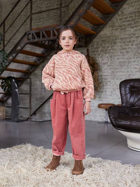Meisjesbroek van fluweel / velours met losse pasvorm chocoladebruin+groengrijs+oudroze - vertbaudet enfant 