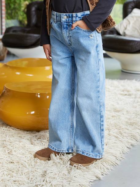 Wijde meisjesjeans blauw+denimgrijs+gebleekt denim+middenblauw+ongewassen denim+stone+zwart denim - vertbaudet enfant 