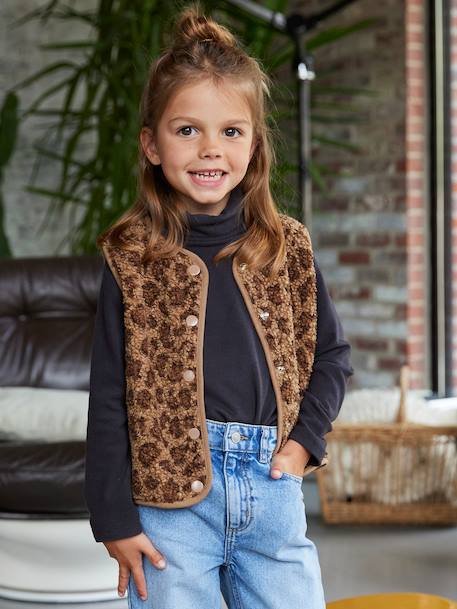 Mouwloos meisjesvestje van sherpa met luipaardprint bruin+ecru - vertbaudet enfant 