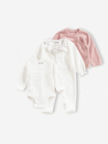 Babypakje 3-delige set in effen tricot vestje + babyslaappakje + body rozen - vertbaudet enfant 