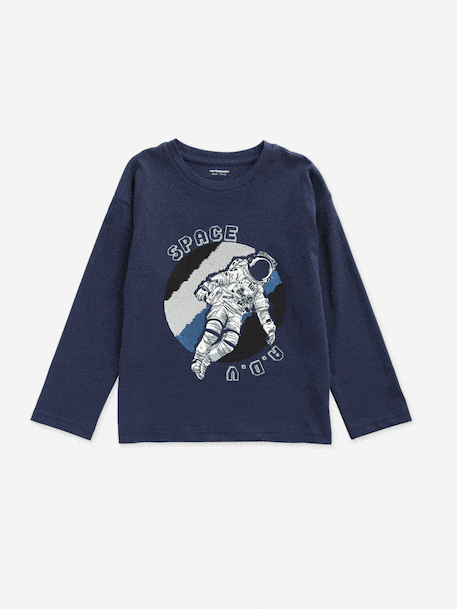 T-shirt jongens lange mouwen omkeerbare pailletten marineblauw - vertbaudet enfant 