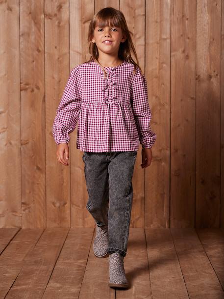 Mom jeans met hartjeszakken op de achterkant Meisje denimgrijs+grijs+stone - vertbaudet enfant 